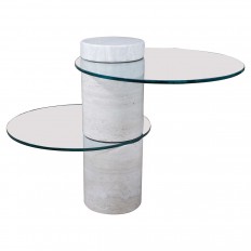 Cantilevered travertine and glass side table